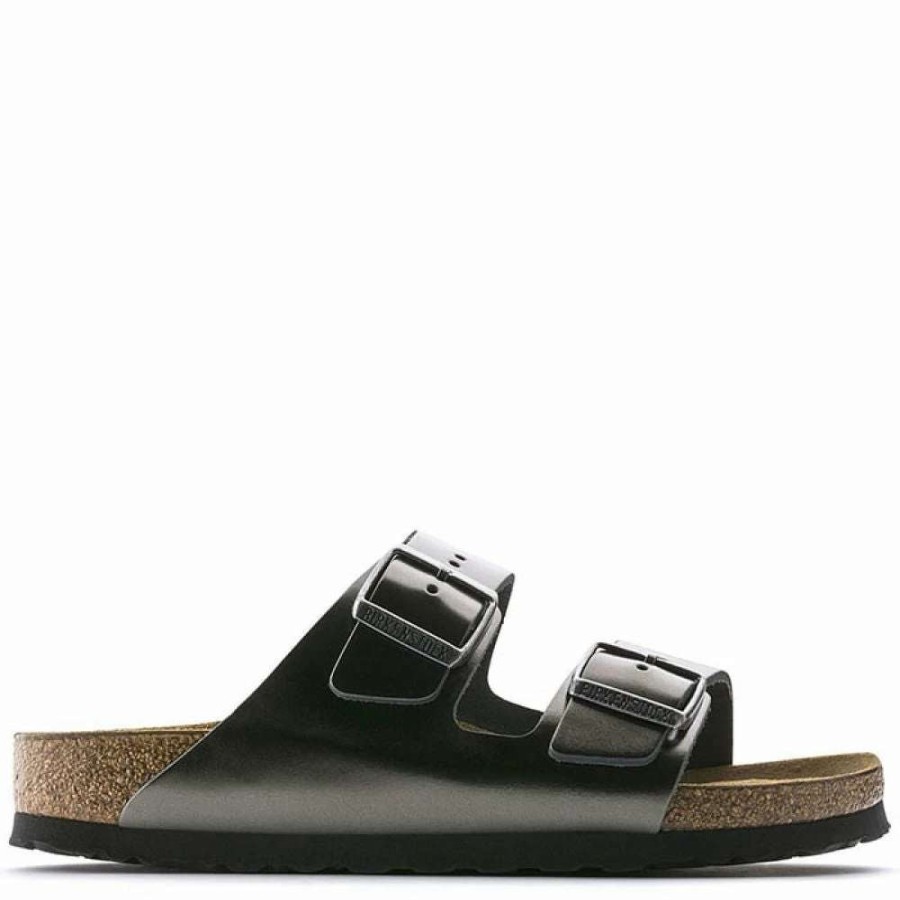 Strap Sandals * | Birkenstock Women'S Arizona Softbed Leather In Metallic Anthracite (Narrow Width)