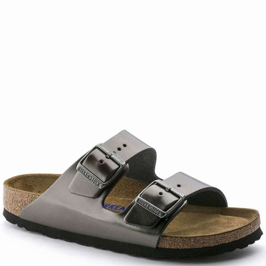 Strap Sandals * | Birkenstock Women'S Arizona Softbed Leather In Metallic Anthracite (Narrow Width)