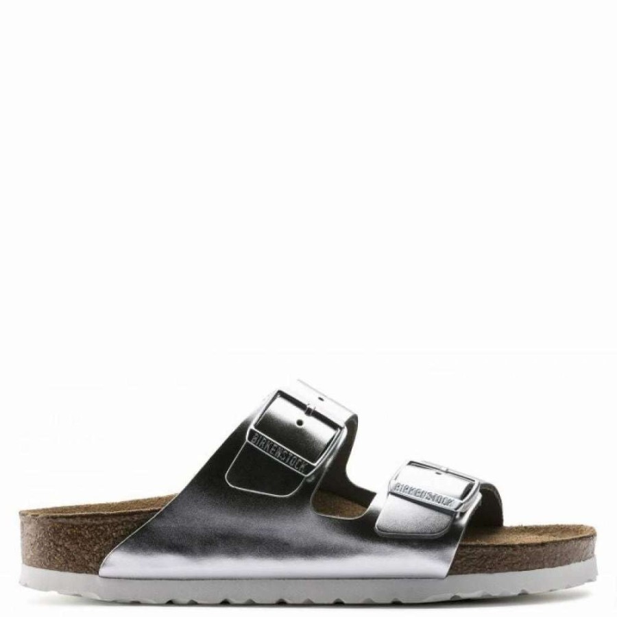 Strap Sandals * | Birkenstock Women'S Arizona Softbed Leather In Metallic Silver (Narrow Width)