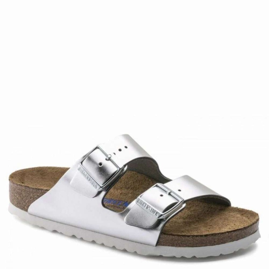 Strap Sandals * | Birkenstock Women'S Arizona Softbed Leather In Metallic Silver (Narrow Width)